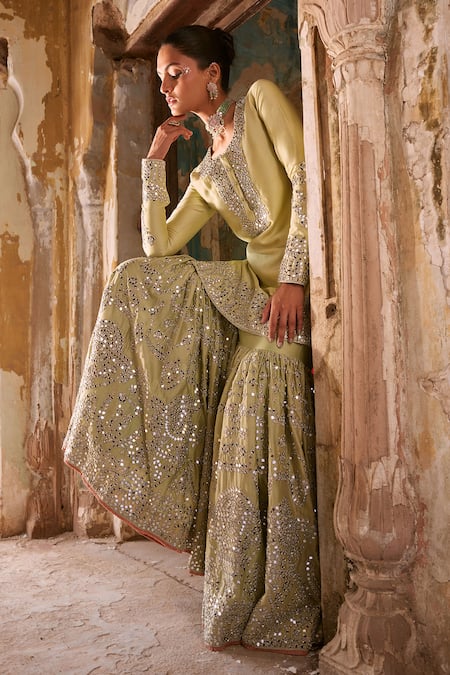 Buy_Labelmayaa_Green Chanderi, Organza Gota Patti, Mirrors, Sidhi Embroidered Kurta Sharara Set _Online_at_Aza_Fashions