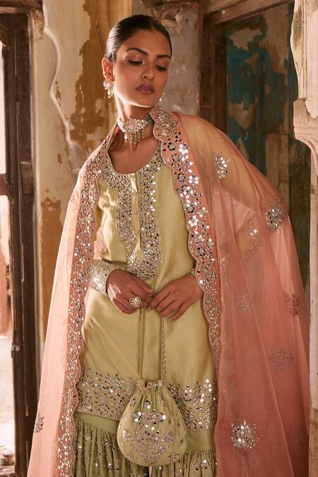 Shop_Labelmayaa_Green Chanderi, Organza Gota Patti, Mirrors, Sidhi Embroidered Kurta Sharara Set _Online_at_Aza_Fashions