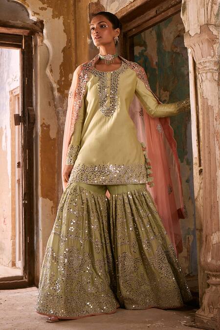 Buy_Labelmayaa_Green Chanderi, Organza Gota Patti, Mirrors, Sidhi Embroidered Kurta Sharara Set 