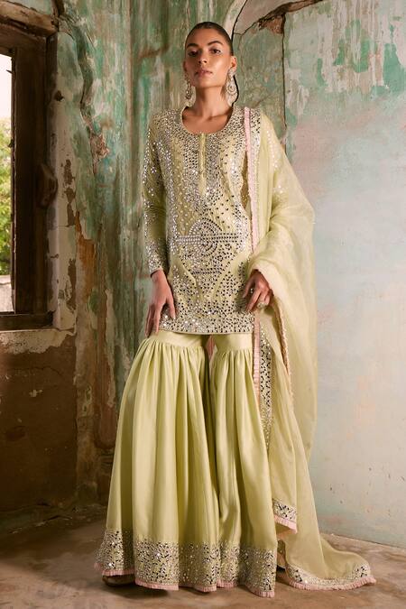 Labelmayaa Green Chanderi, Organza Gota Patti, Ridhi Embroidered Kurta Sharara Set Online at Aza Fashions Labelmayaa_Green Chanderi, Organza Gota Patti, Ridhi Embroidered Kurta Sharara Set _Online_at_Aza_Fashions