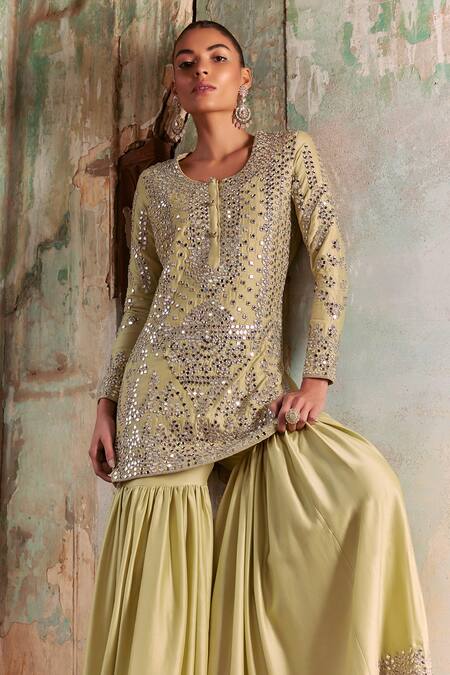 Shop Labelmayaa Green Chanderi, Organza Gota Patti, Ridhi Embroidered Kurta Sharara Set Online at Aza Fashions Shop_Labelmayaa_Green Chanderi, Organza Gota Patti, Ridhi Embroidered Kurta Sharara Set _Online_at_Aza_Fashions
