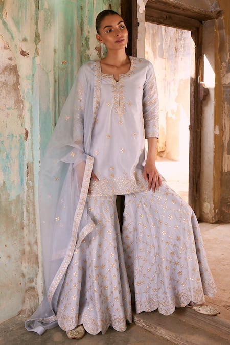 labelMayaa Blue Kurta And Sharara Chanderi Embroidery Gota Notched Round Leaf Vine Set 