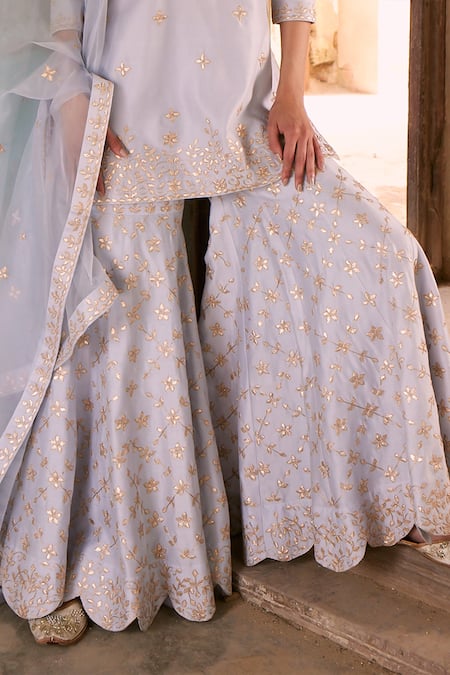 Buy_Labelmayaa_Blue Chanderi, Organza Gota Patti Round Leaf Vine Embroidered Kurta Sharara Set _Online_at_Aza_Fashions