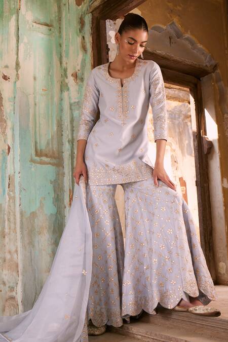 Shop_Labelmayaa_Blue Chanderi, Organza Gota Patti Round Leaf Vine Embroidered Kurta Sharara Set _Online_at_Aza_Fashions