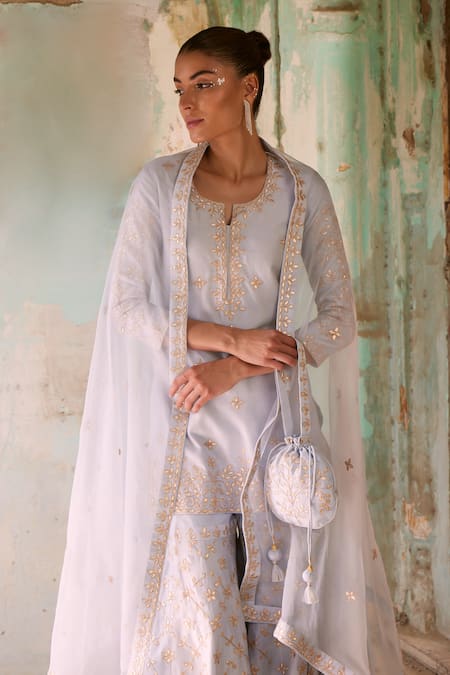Labelmayaa_Blue Chanderi, Organza Gota Patti Round Leaf Vine Embroidered Kurta Sharara Set _at_Aza_Fashions