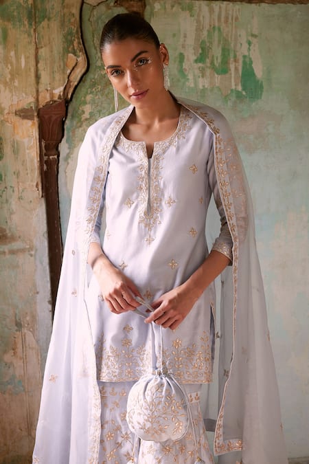 Buy_Labelmayaa_Blue Chanderi, Organza Gota Patti Round Leaf Vine Embroidered Kurta Sharara Set 