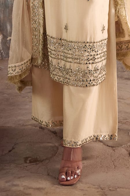Buy_Labelmayaa_Beige Chanderi, Organza Embroidery, Gota Patti Collared Kurta Palazzo Set _Online_at_Aza_Fashions