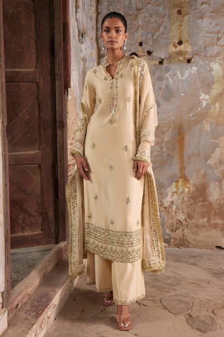 Shop_Labelmayaa_Beige Chanderi, Organza Embroidery, Gota Patti Collared Kurta Palazzo Set _Online_at_Aza_Fashions