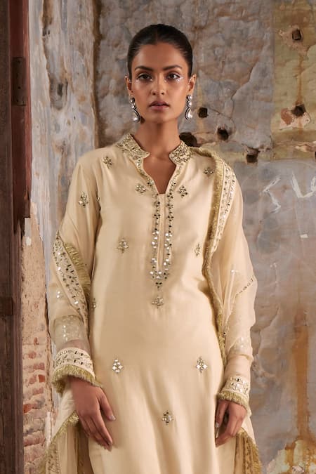 Labelmayaa_Beige Chanderi, Organza Embroidery, Gota Patti Collared Kurta Palazzo Set _at_Aza_Fashions