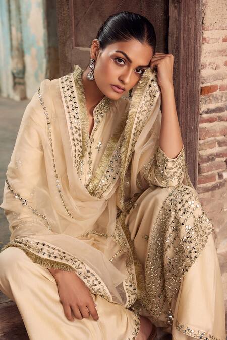 Shop_Labelmayaa_Beige Chanderi, Organza Embroidery, Gota Patti Collared Kurta Palazzo Set 