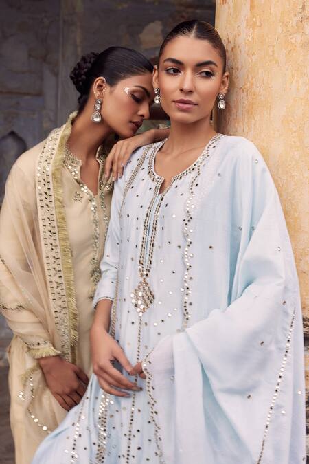 Buy_Labelmayaa_Blue Chanderi, Organza Gota Patti, Mirrors Embroidered Kurta Palazzo Set _Online_at_Aza_Fashions