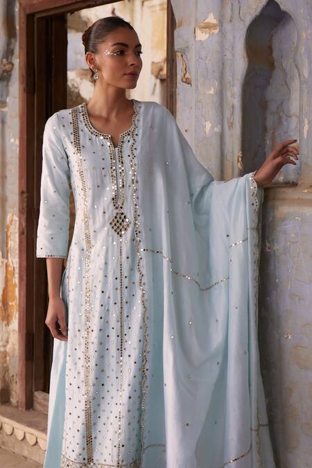Shop_Labelmayaa_Blue Chanderi, Organza Gota Patti, Mirrors Embroidered Kurta Palazzo Set _Online_at_Aza_Fashions
