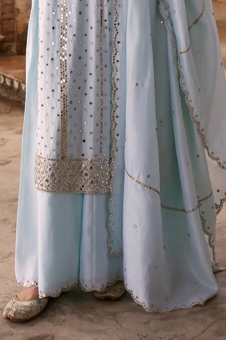 Labelmayaa_Blue Chanderi, Organza Gota Patti, Mirrors Embroidered Kurta Palazzo Set _at_Aza_Fashions