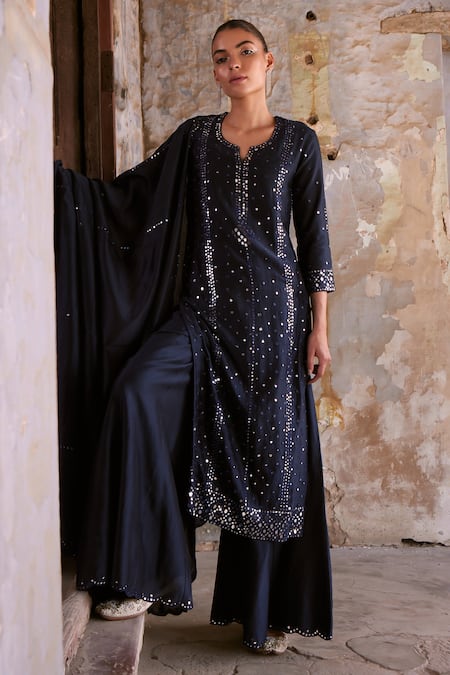 Labelmayaa Chanderi Embroidered Straight Kurta Palazzo Set 