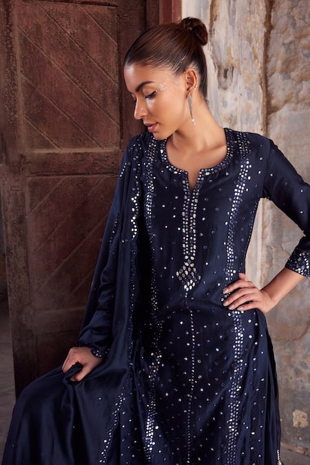 Shop_Labelmayaa_Blue Chanderi, Organza Mirrors, Gota Embroidered Straight Kurta Palazzo Set _Online_at_Aza_Fashions