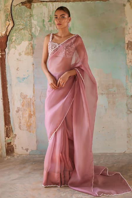 Buy_Labelmayaa_Pink Silk, Organza Embroidery Sweetheart Neck Saree With Floral Blouse _Online_at_Aza_Fashions