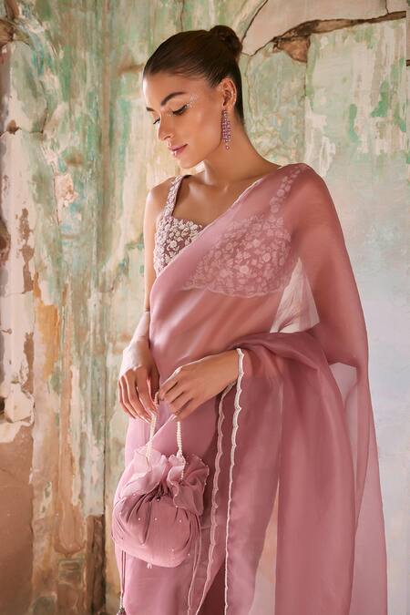 Shop_Labelmayaa_Pink Silk, Organza Embroidery Sweetheart Neck Saree With Floral Blouse _Online_at_Aza_Fashions