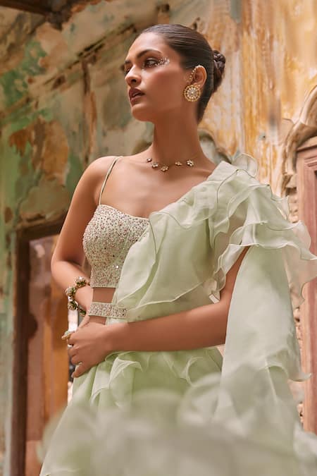 Shop_Labelmayaa_Green Silk, Organza Embroidery Sweetheart Ruffle Pre-draped Saree With Blouse _Online_at_Aza_Fashions