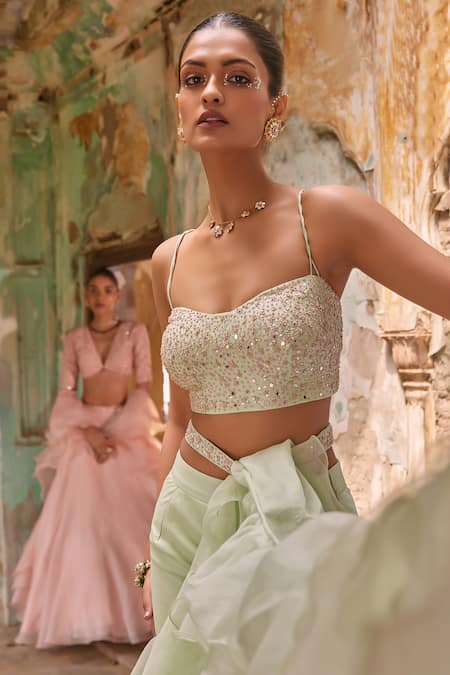 Labelmayaa_Green Silk, Organza Embroidery Sweetheart Ruffle Pre-draped Saree With Blouse _at_Aza_Fashions