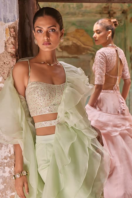 Buy_Labelmayaa_Green Silk, Organza Embroidery Sweetheart Ruffle Pre-draped Saree With Blouse 