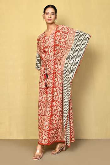 Brown - Bagru Block Printed Cotton Kaftan with Tie-Up Waist (Short) main image 0