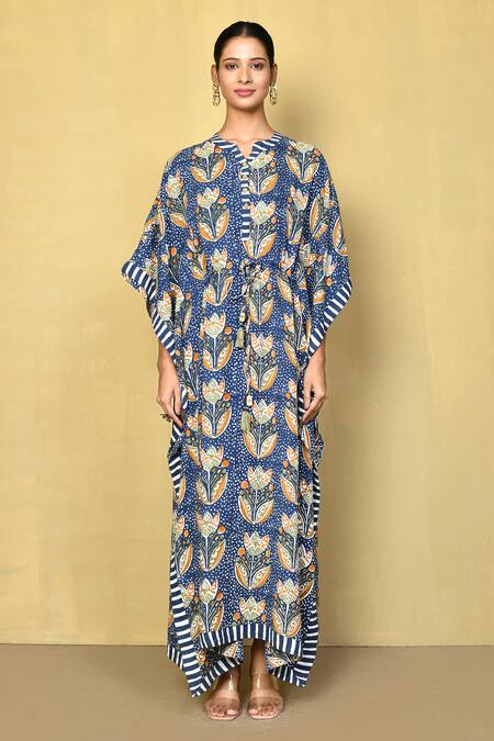 Samyukta Singhania_Blue Cotton Embroidery Round Neck Floral Hand Block Print Kaftan_Online_at_Aza_Fashions