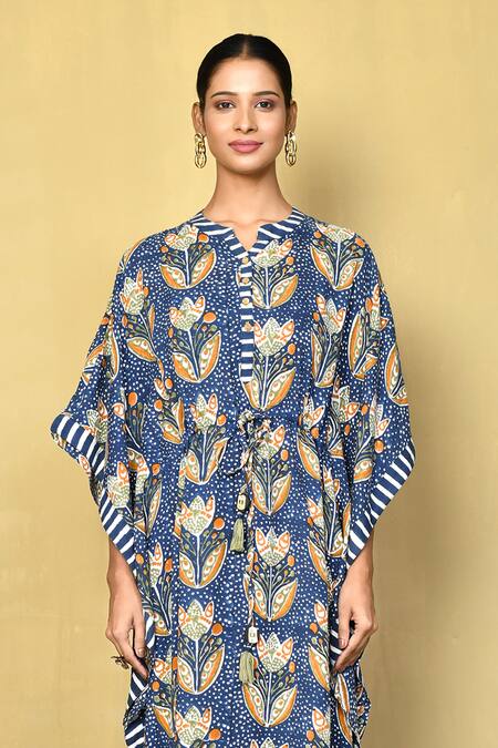 Buy_Samyukta Singhania_Blue Cotton Embroidery Round Neck Floral Hand Block Print Kaftan_Online_at_Aza_Fashions
