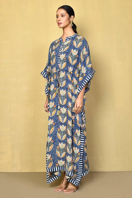 Shop_Samyukta Singhania_Blue Cotton Embroidery Round Neck Floral Hand Block Print Kaftan_Online_at_Aza_Fashions