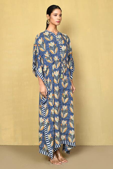 Samyukta Singhania_Blue Cotton Embroidery Round Neck Floral Hand Block Print Kaftan_at_Aza_Fashions