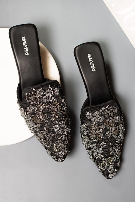 Shop Urbansway Black Pota And Cut Dana Work Agate Embroidered Mules at Aza Fashions Shop_Urbansway_Black Pota And Cut Dana Work Agate Embroidered Mules _at_Aza_Fashions