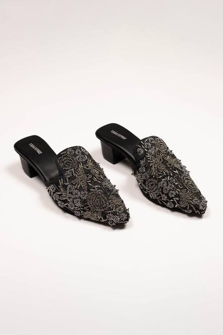 Urbansway Black Pota And Cut Dana Work Agate Embroidered Mules Online at Aza Fashions Urbansway_Black Pota And Cut Dana Work Agate Embroidered Mules _Online_at_Aza_Fashions