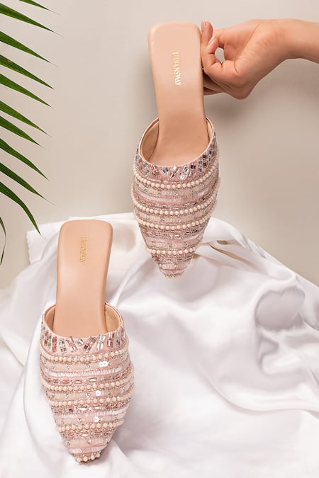 Shop Urbansway Pink 3d Crystals Stones And Sequin Work Mules at Aza Fashions Shop_Urbansway_Pink 3d Crystals Stones And Sequin Work Mules _at_Aza_Fashions