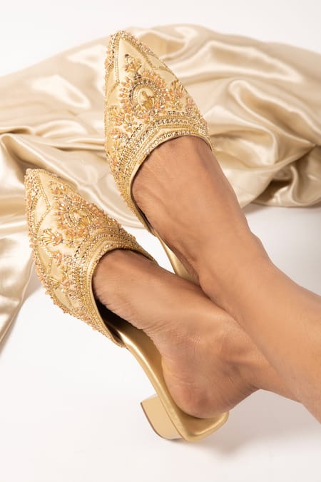 Shop_Urbansway_Gold Stones And Cut Dana Work Mules _at_Aza_Fashions