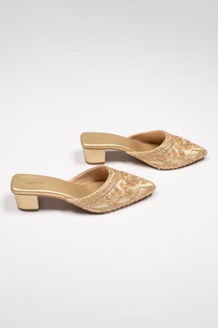 Urbansway_Gold Stones And Cut Dana Work Mules _Online_at_Aza_Fashions