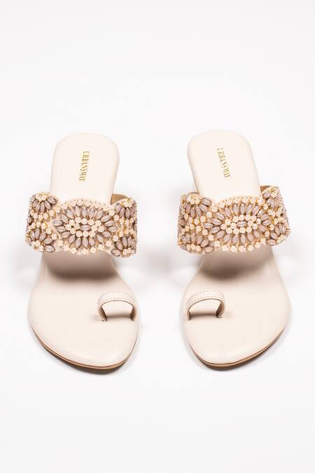 Urbansway_Cream Opal Stones Embellished Kolhapuri Heels_Online_at_Aza_Fashions