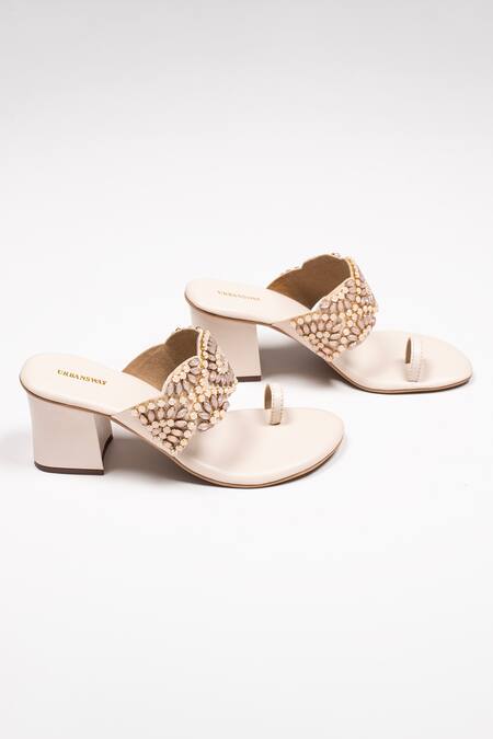 Buy_Urbansway_Cream Opal Stones Embellished Kolhapuri Heels_Online_at_Aza_Fashions