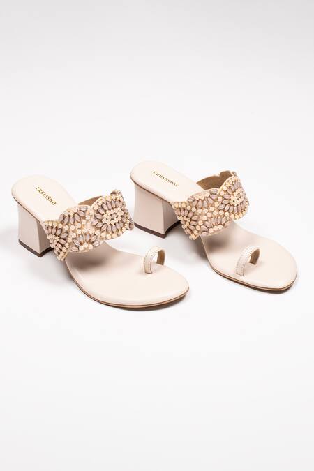 Shop_Urbansway_Cream Opal Stones Embellished Kolhapuri Heels_Online_at_Aza_Fashions