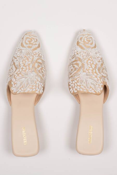 Urbansway_Cream Cut Work, Sequins, Beads Royal Affair Embellished Mules_Online_at_Aza_Fashions