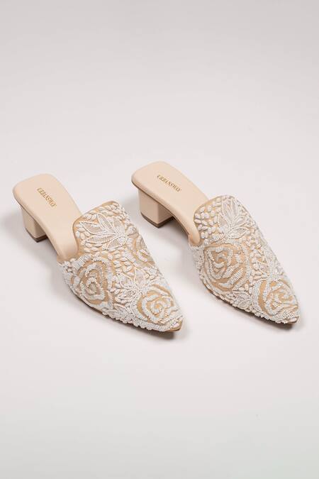 Buy_Urbansway_Cream Cut Work, Sequins, Beads Royal Affair Embellished Mules_Online_at_Aza_Fashions