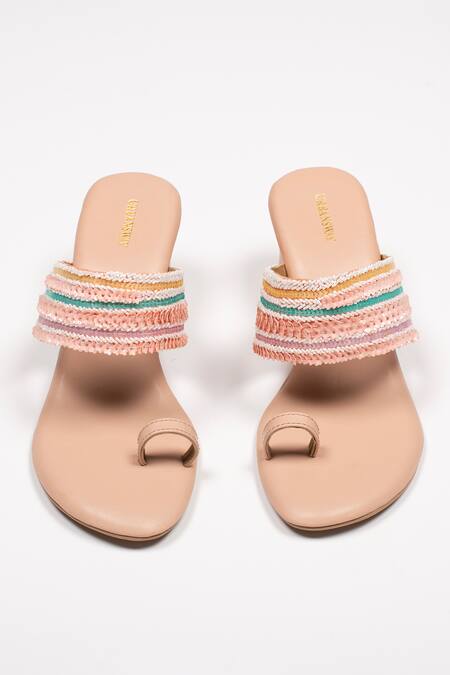 Urbansway_Peach Floral Sequin And Cut Dana Embroidered Selenite Kolhapuri Heels _Online_at_Aza_Fashions