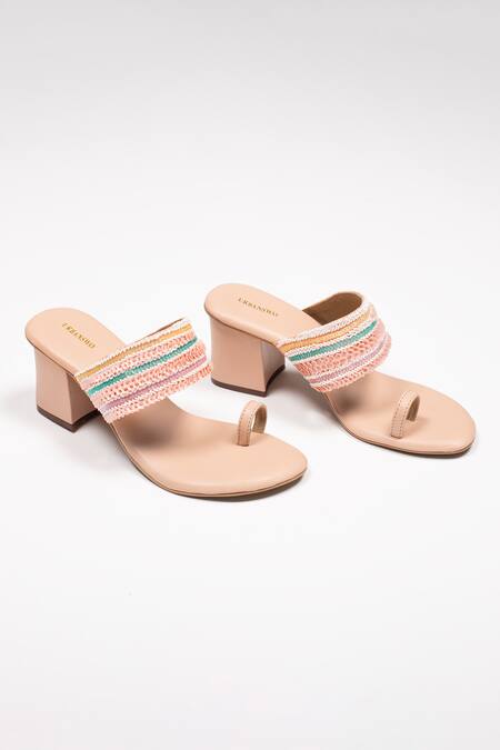 Buy_Urbansway_Peach Floral Sequin And Cut Dana Embroidered Selenite Kolhapuri Heels _Online_at_Aza_Fashions