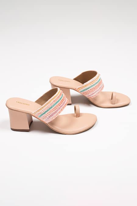 Shop_Urbansway_Peach Floral Sequin And Cut Dana Embroidered Selenite Kolhapuri Heels _Online_at_Aza_Fashions