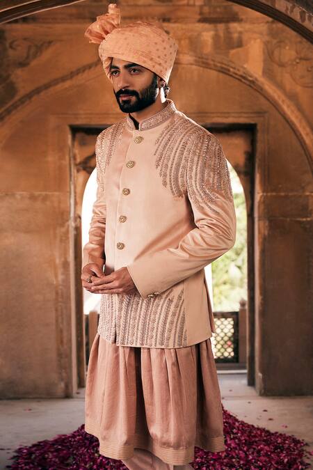 Asuka_Beige Suede Velvet Embroidered Sequin Placement Bandhgala Anarkali Set _Online_at_Aza_Fashions