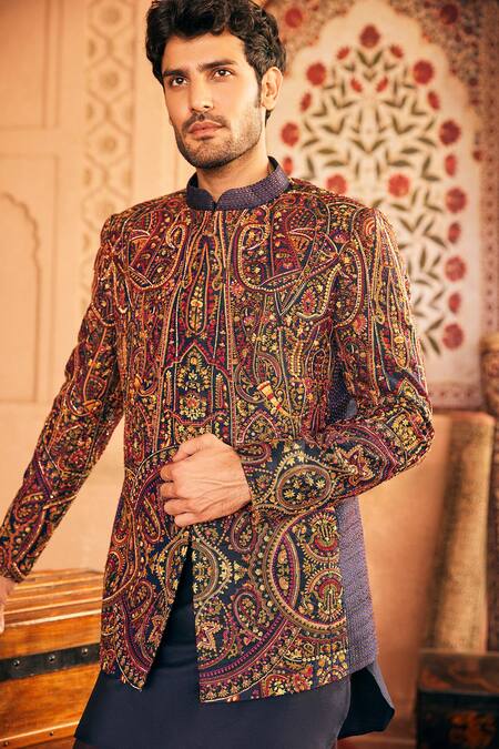 Asuka_Blue Raw Silk Embroidered Sequin Bandhgala Pant Set _Online_at_Aza_Fashions