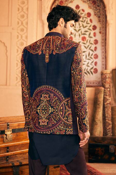 Shop_Asuka_Blue Raw Silk Embroidered Sequin Bandhgala Pant Set _Online_at_Aza_Fashions