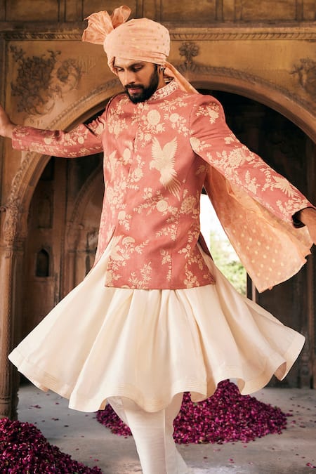 Asuka Pink Suede, Velvet Embroidery Floral Bandhgala Kurta Set Online at Aza Fashions Asuka_Pink Suede, Velvet Embroidery Floral Bandhgala Kurta Set _Online_at_Aza_Fashions