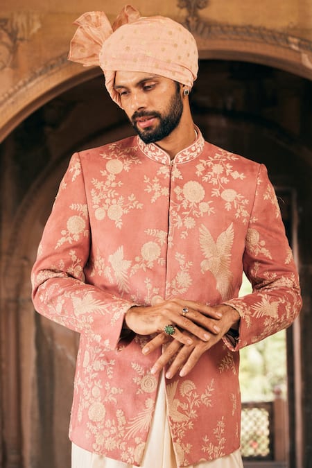 Shop Asuka Pink Suede, Velvet Embroidery Floral Bandhgala Kurta Set Online at Aza Fashions Shop_Asuka_Pink Suede, Velvet Embroidery Floral Bandhgala Kurta Set _Online_at_Aza_Fashions