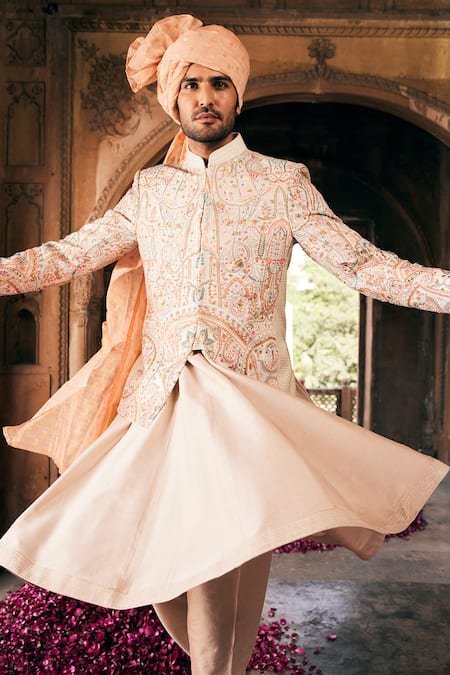 Asuka_Ivory Raw Silk Embroidered Thread Hand Bandhgala Anarkali Set _at_Aza_Fashions
