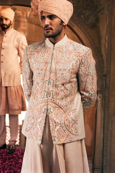 Buy_Asuka_Ivory Raw Silk Embroidered Thread Hand Bandhgala Anarkali Set 