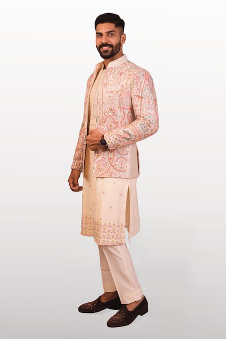 Shop_Asuka_Ivory Silk Sequins, Zari, Embroidery Resham Bandhgala Kurta Set _at_Aza_Fashions